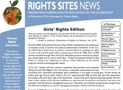 [ai] A newsletter titled 'Rights Sites News' featuring a prominent apple logo. The focus is on girls' rights with articles about Women's Day and equality. The design includes sections on education and human rights resources.